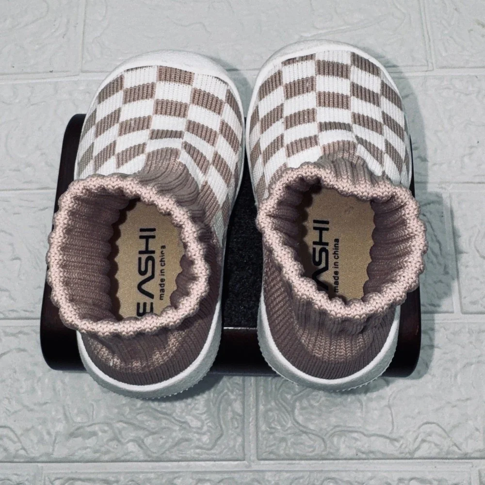 Eashi Knit Sock Sneakers Toddler 9-12 month 4.5 Tan White Checkered Slip On Shoe
